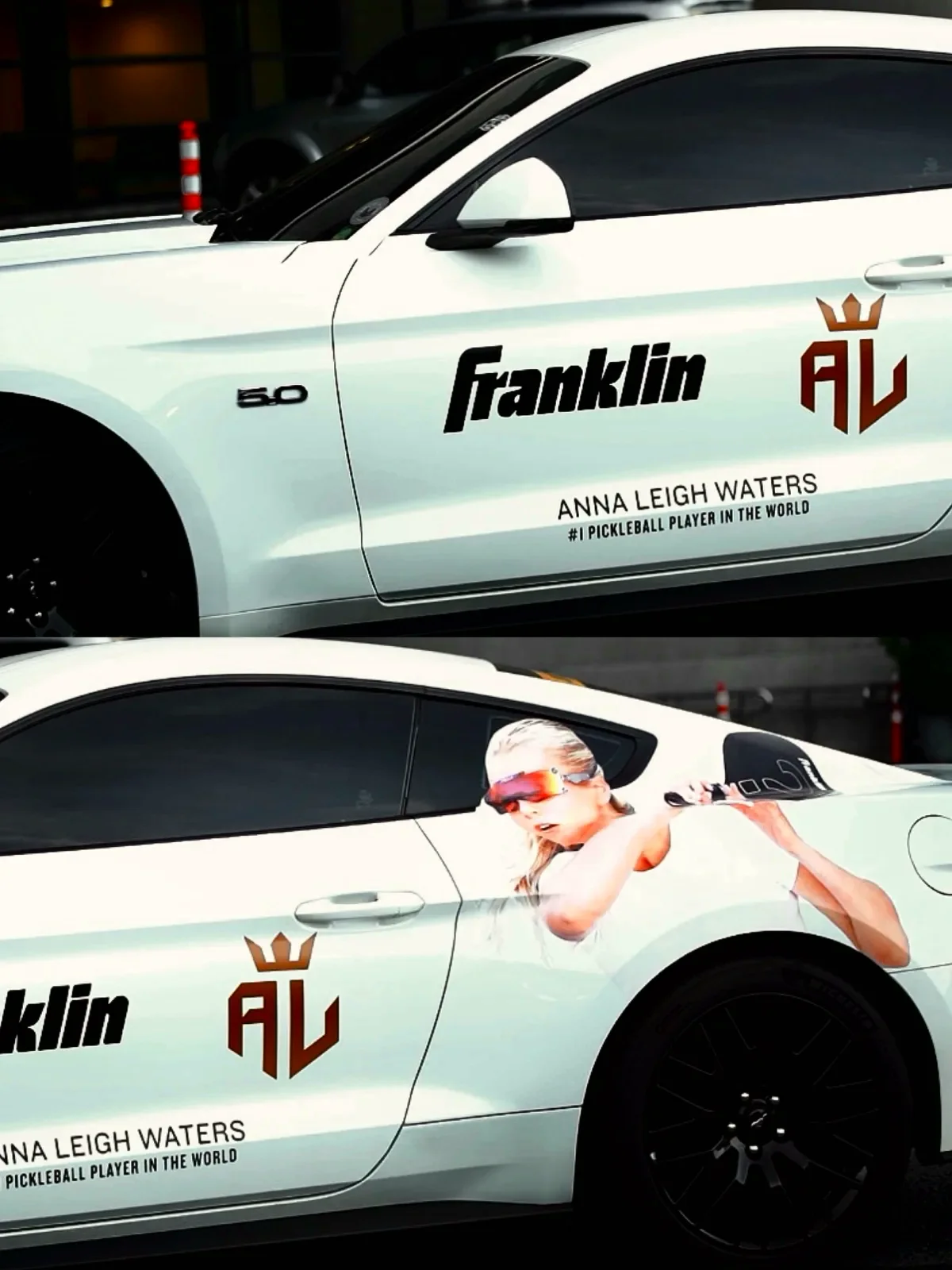 The Franklin Mustang wrapped with Anna Leigh Waters' logo