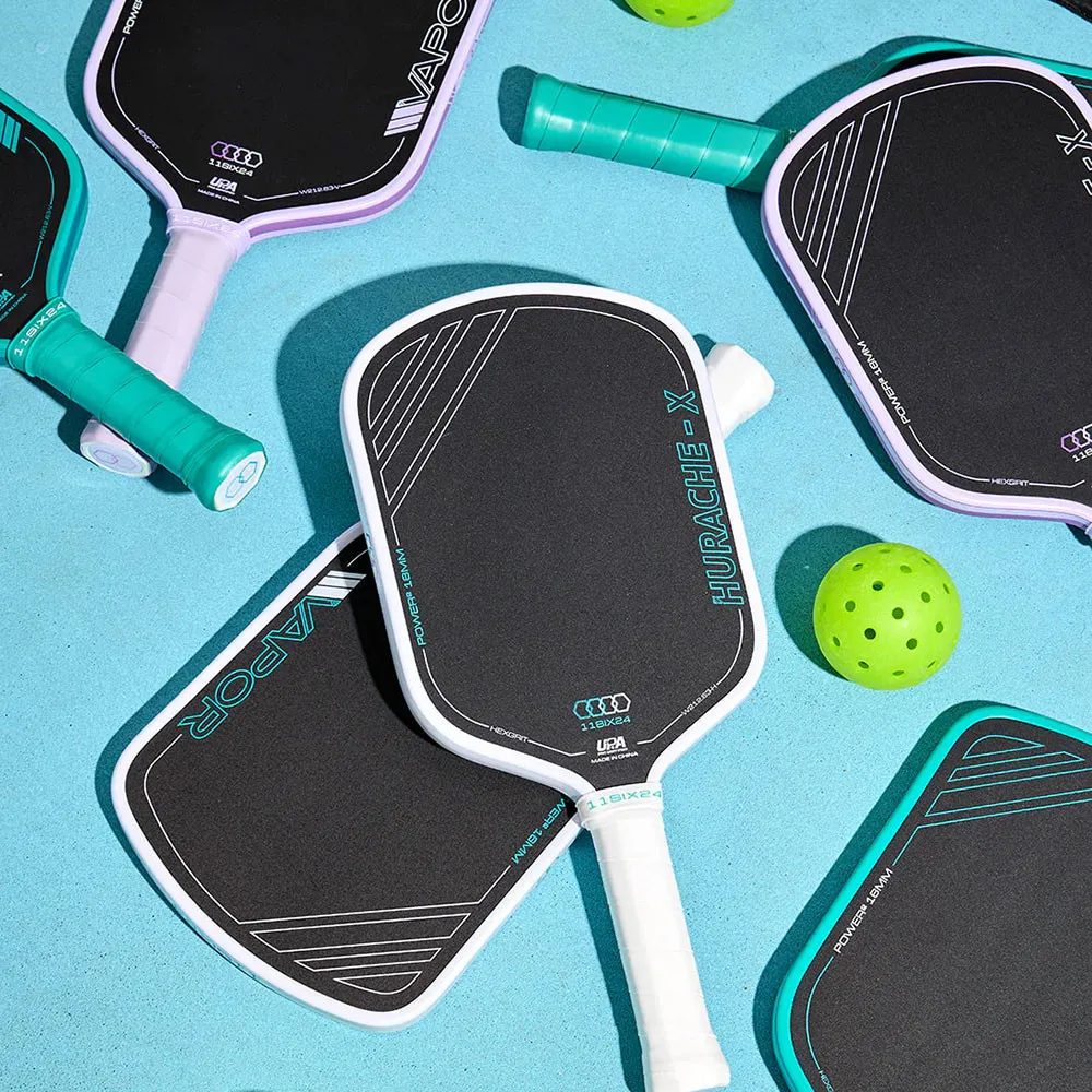 11SIX24 Hurache-X Power 2 Pickleball Paddle - White, Lavender and Teal paddles with pickleball on blue court