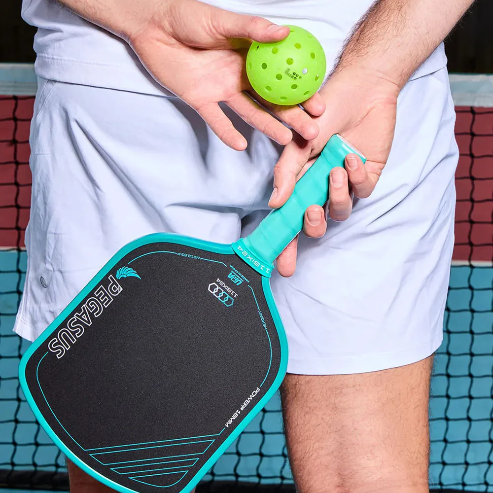 11SIX24 Pegasus Power 2 Pickleball Paddle - Teal, In hand with pickleball