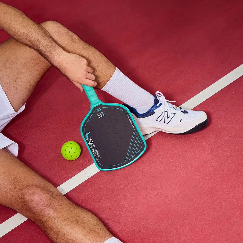 11SIX24 Pegasus Power 2 Pickleball Paddle - Teal, On Court with pickleball