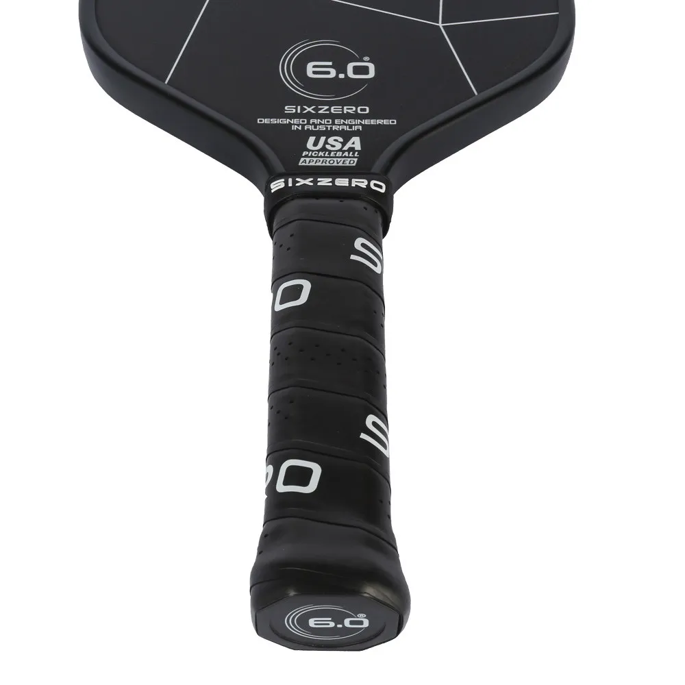 Handle and throat view of the Six Zero Double Black Diamond Elongated Pickleball Paddle