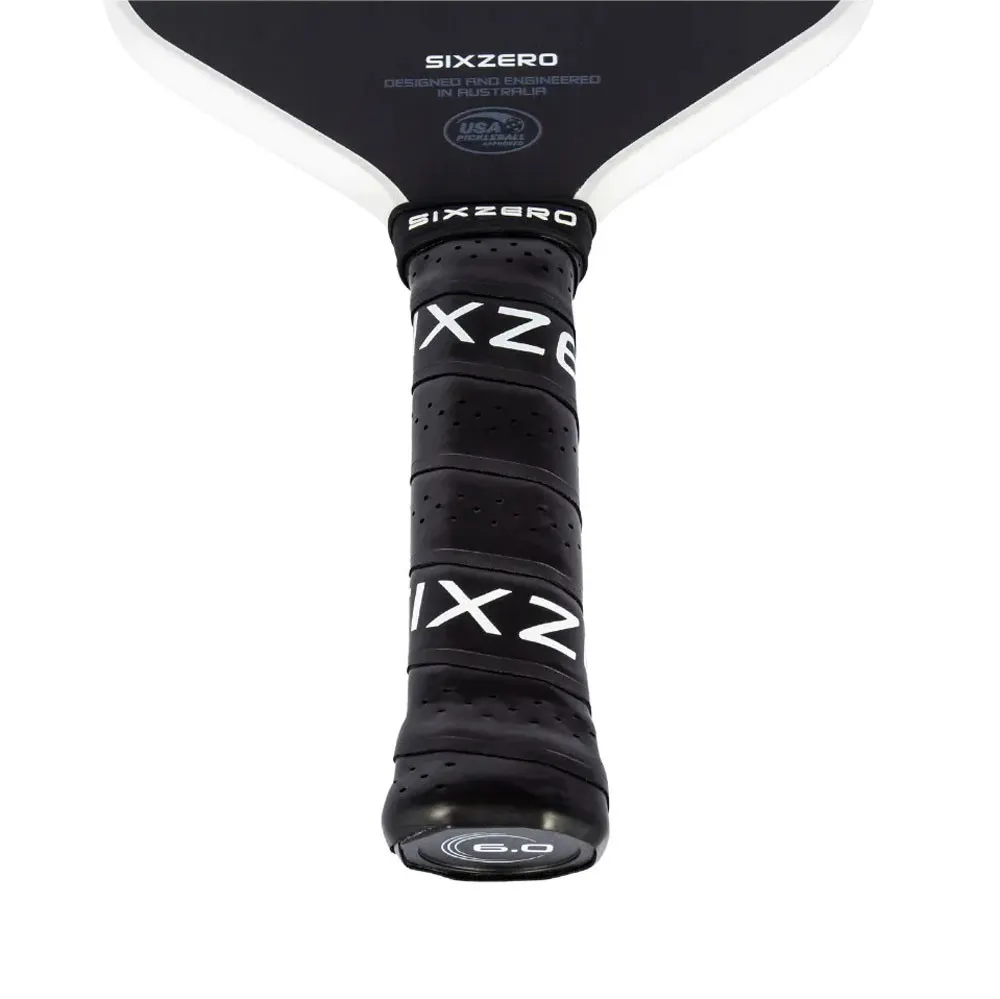 Handle and throat view of the Six Zero Infinity Edgeless Double Black Diamond Control Pickleball Paddle