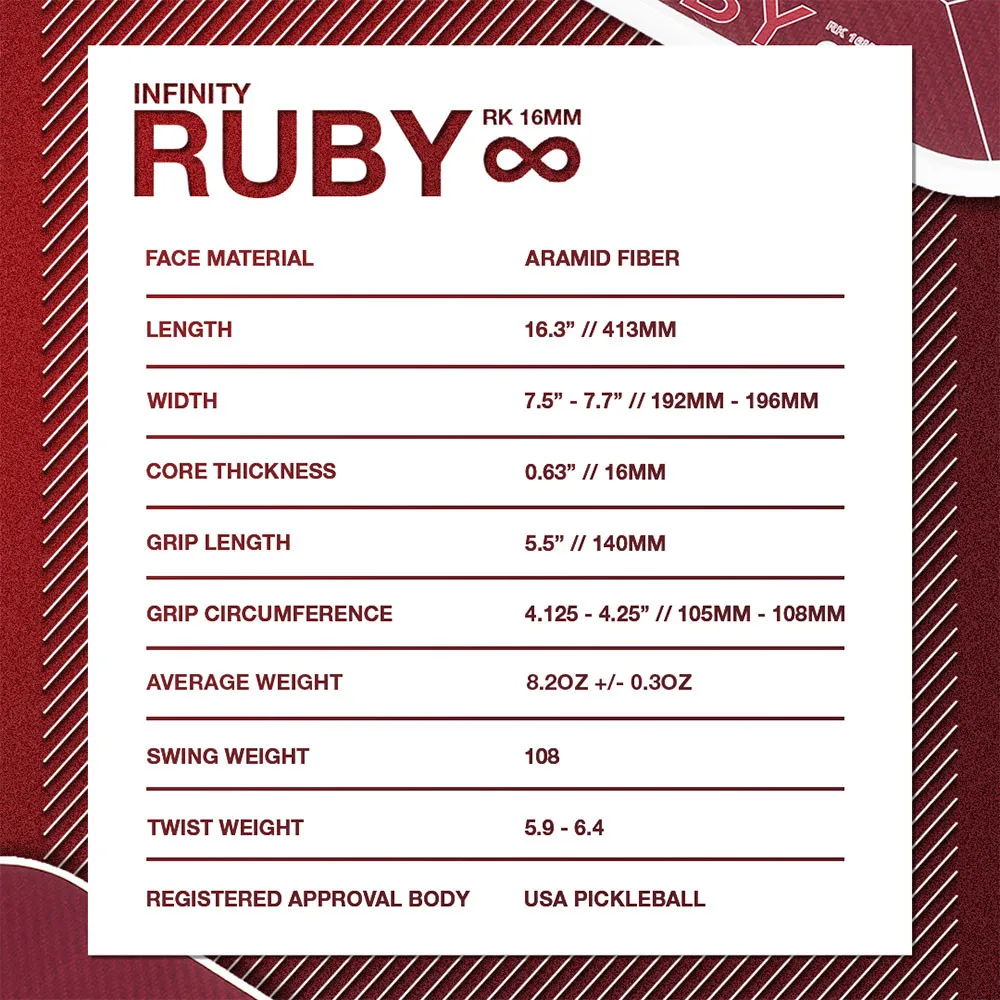 Six Zero Infinity Ruby 16mm Pickleball Paddle - Infographic
