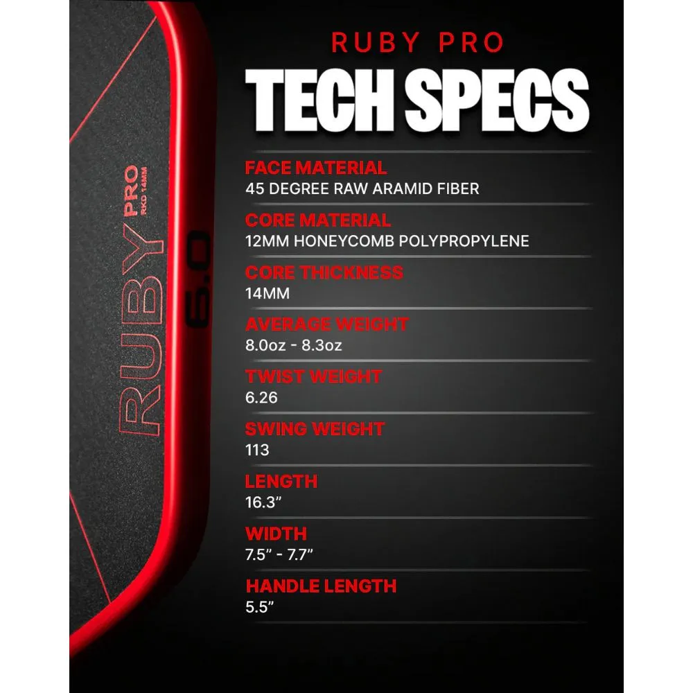 Six Zero Ruby Pro Pickleball Paddle tech specs