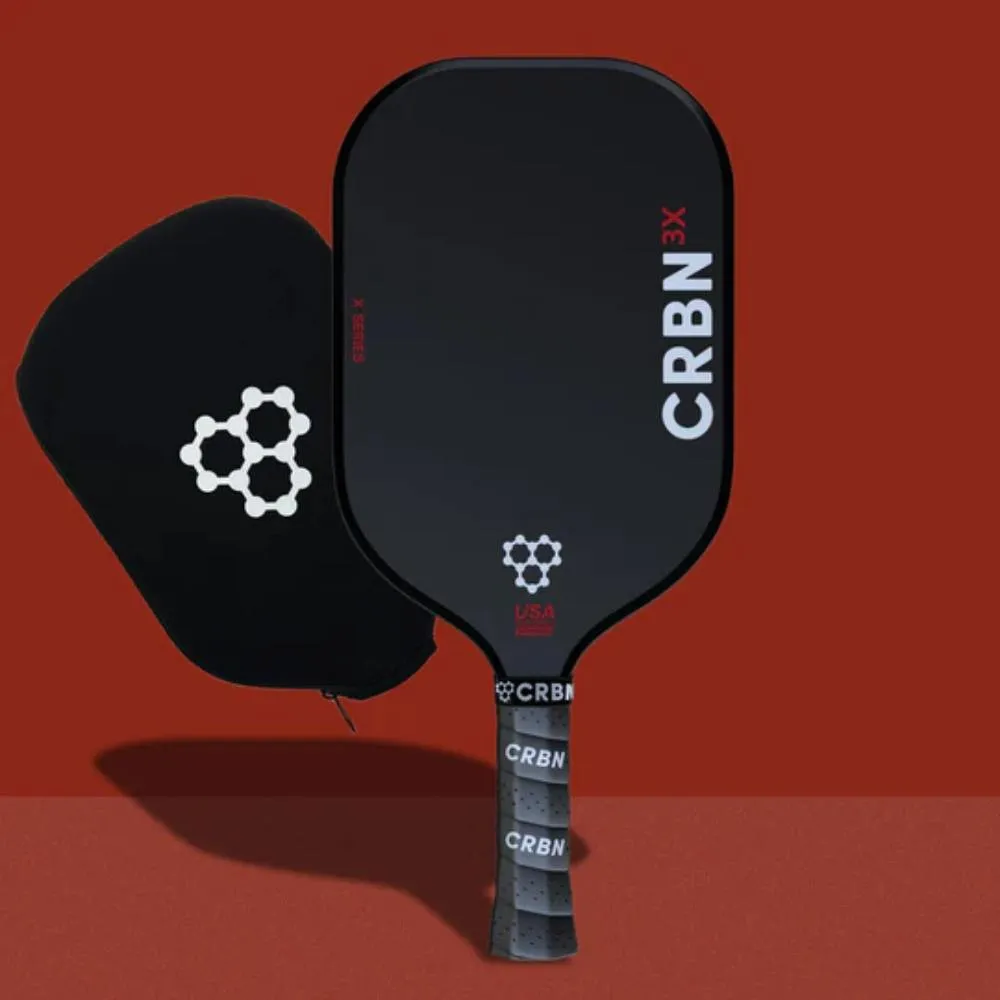 CRBN 3X Pickleball Paddle with included paddle cover on red background