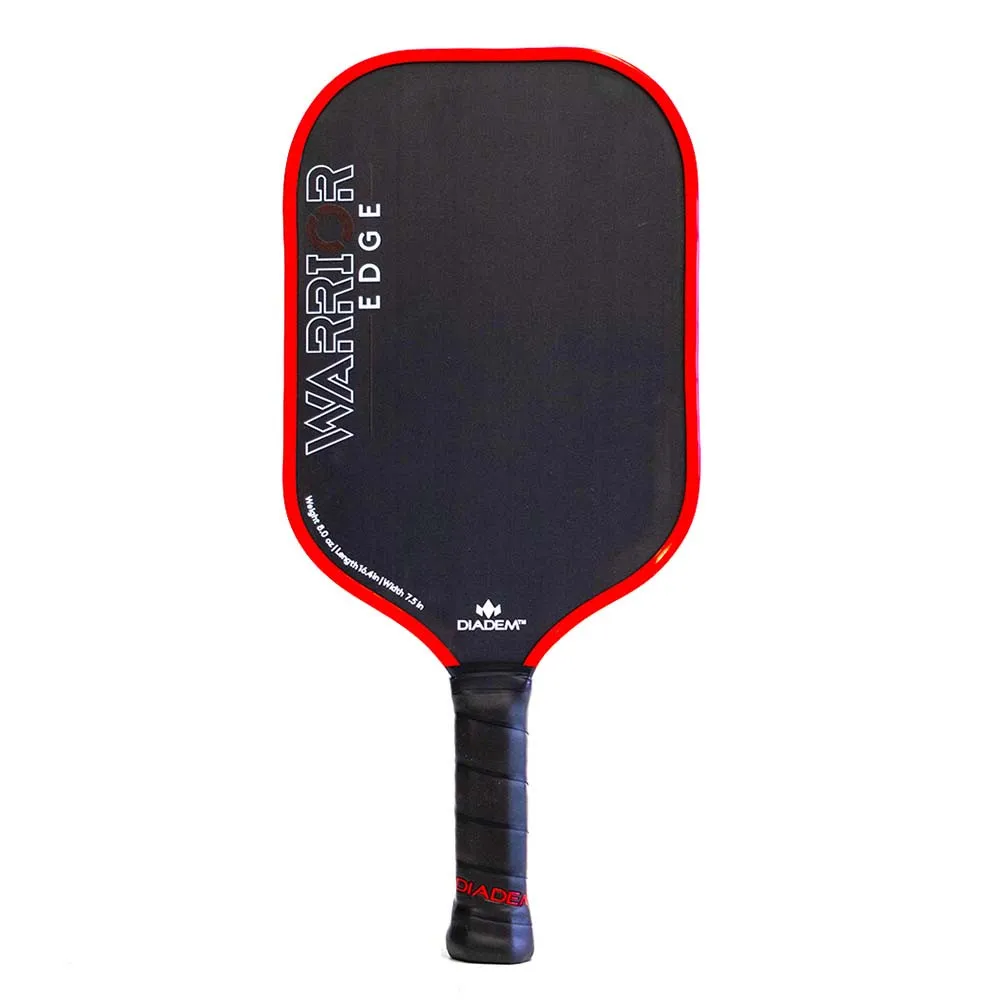The Diadem Warrior Edge Carbon Fiber Pickleball Paddle features a red and black 2-sided design with an etched graphite paddle face and 16mm thick polymer core, with comfort max grip.