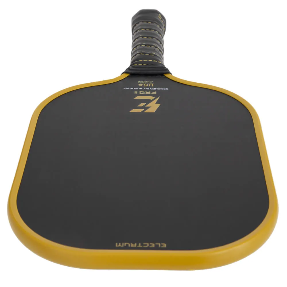 Flat view Electrum Pro II Pickleball Paddle in black with yellow edge guard