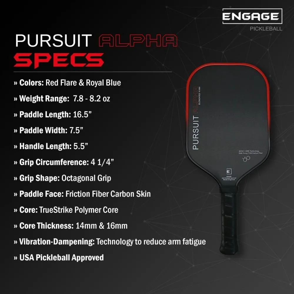 Engage Pursuit Alpha 16mm Pickleball Paddle Specs Infographic