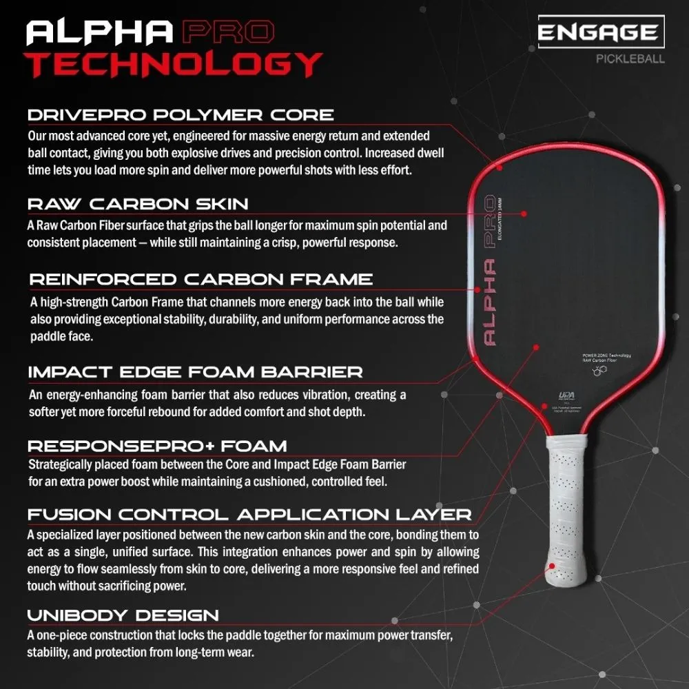 Engage Alpha Pro 16mm Pickleball Paddle Tech Features Infographic