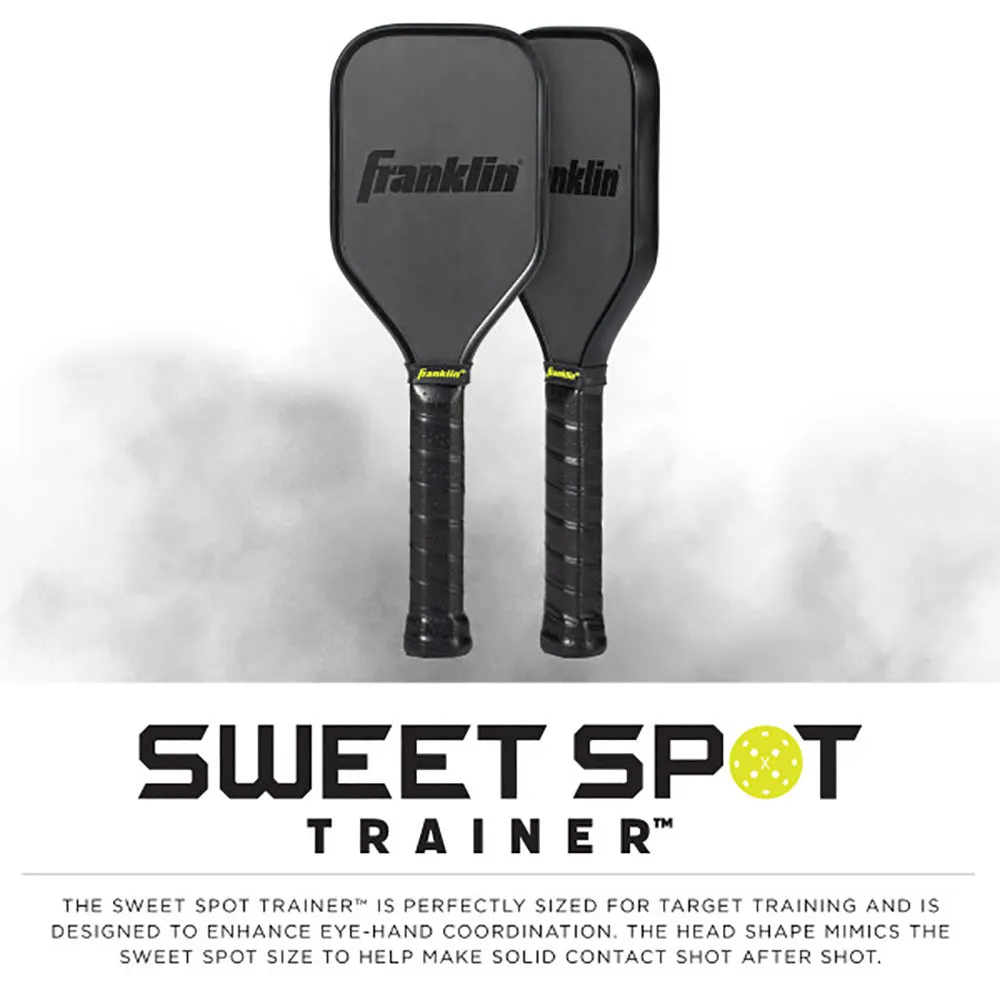 Franklin Sweet Spot Pickleball Training Paddle featuring a 15" length and 5.1" width, T700 Carbon Fiber face, and 7.3" extended handle to place the center where the sweet spot of your usual paddle would be.
