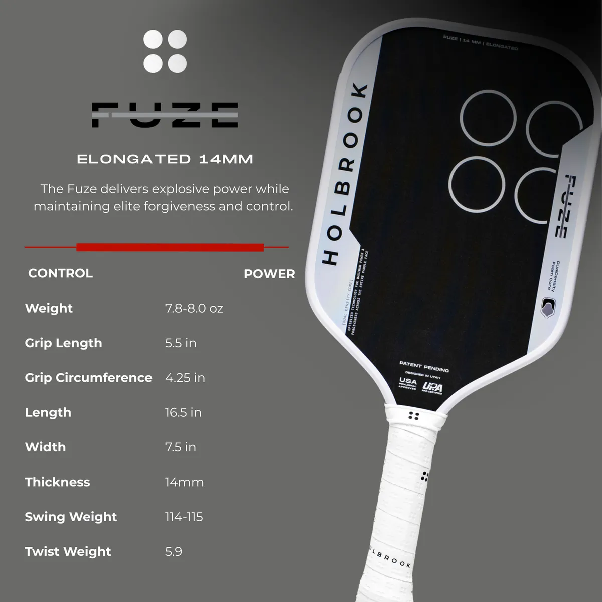 Holbrook Fuze Elongated 14mm Pickleball Paddle - Specs