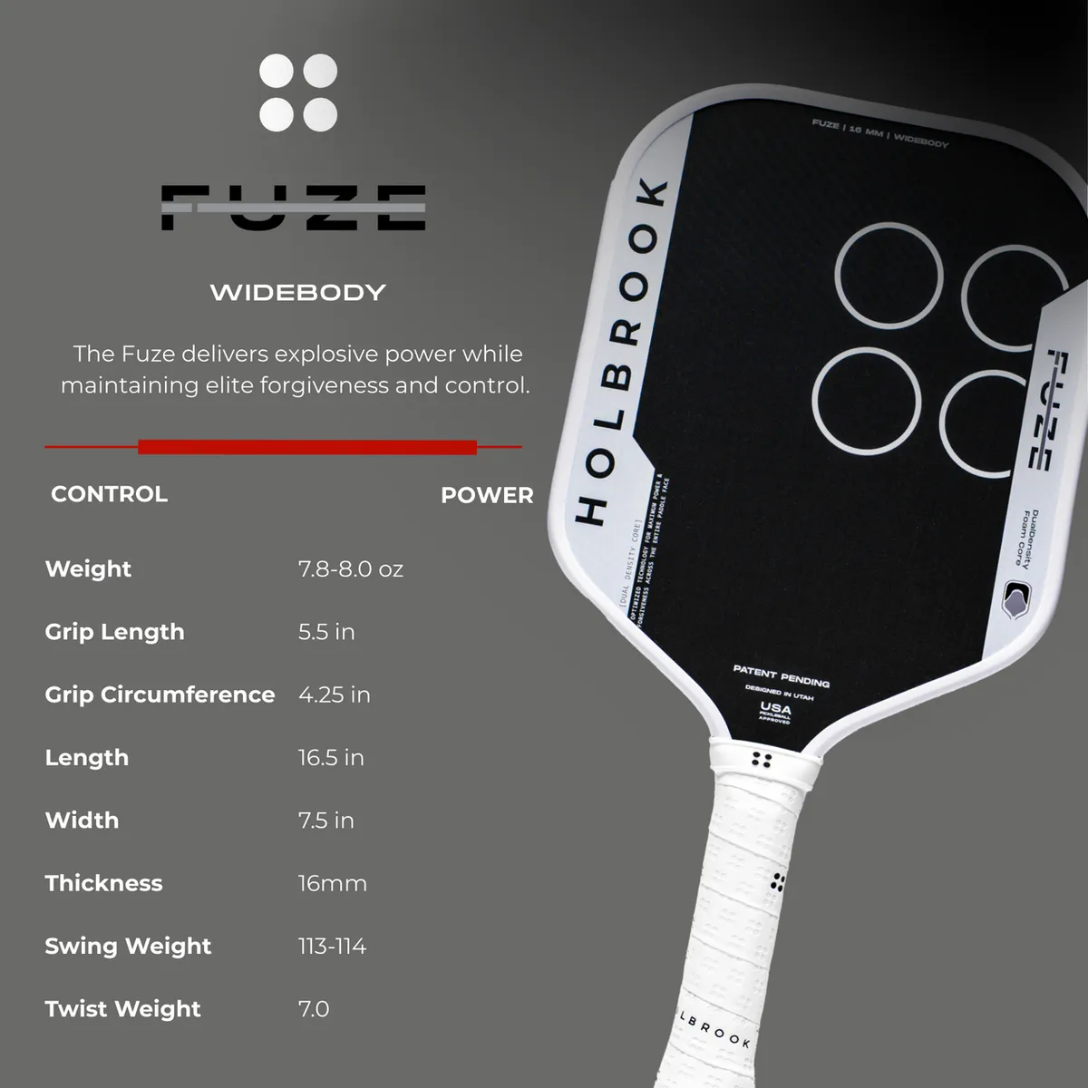 Holbrook Fuze Widebody 16mm Pickleball Paddle - Specs