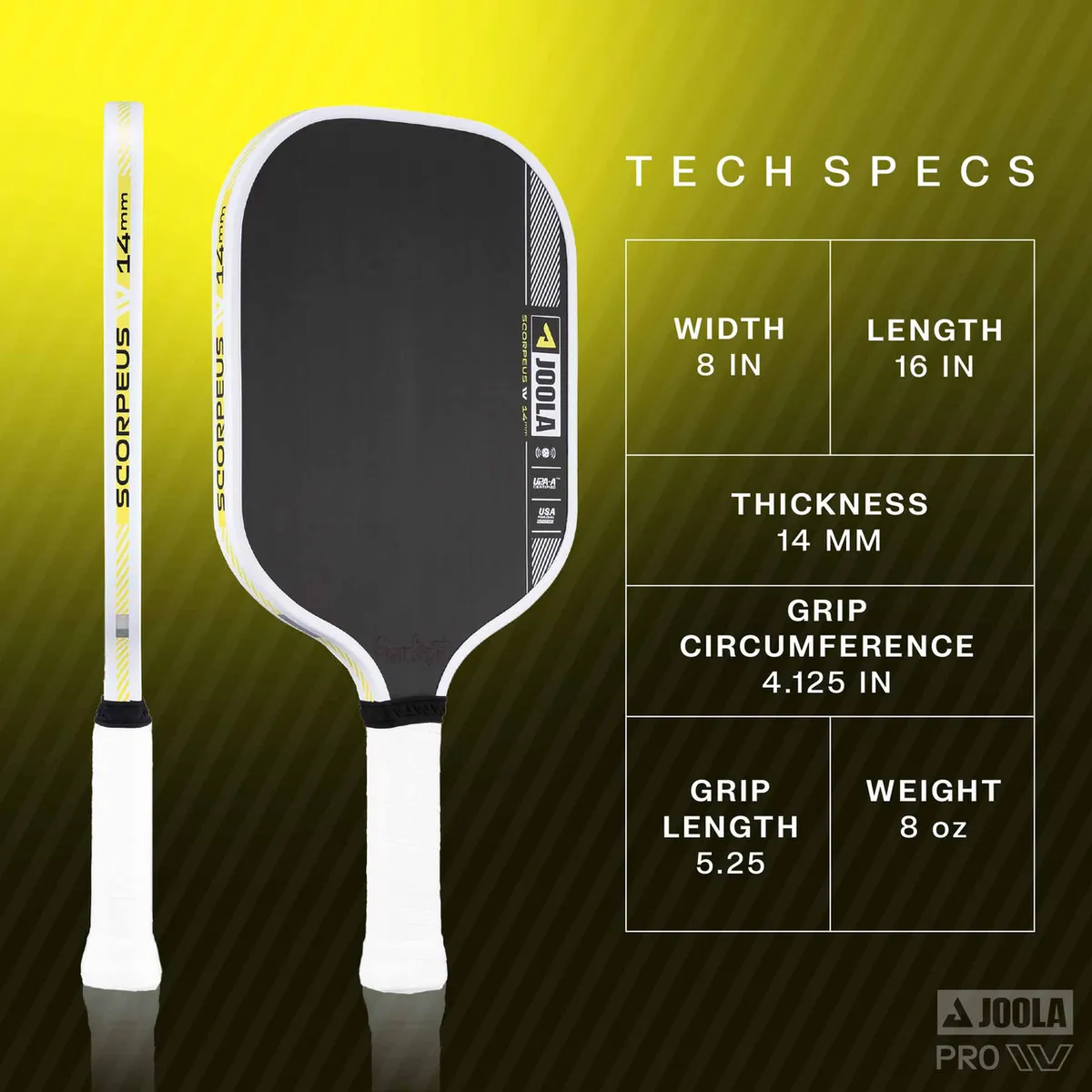 Technical specifications of the Anna Bright JOOLA Scorpius 14mm Pro IV pickleball paddle