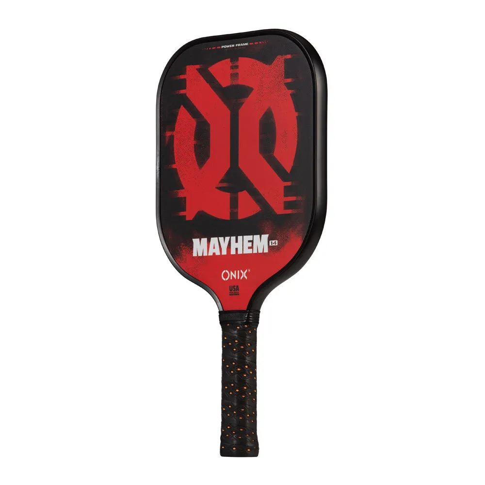 Angled view of the ONIX Evoke Mayhem Composite Pickleball Paddle with foam-infused tennis handle, edge guard, and DF composite hitting surface