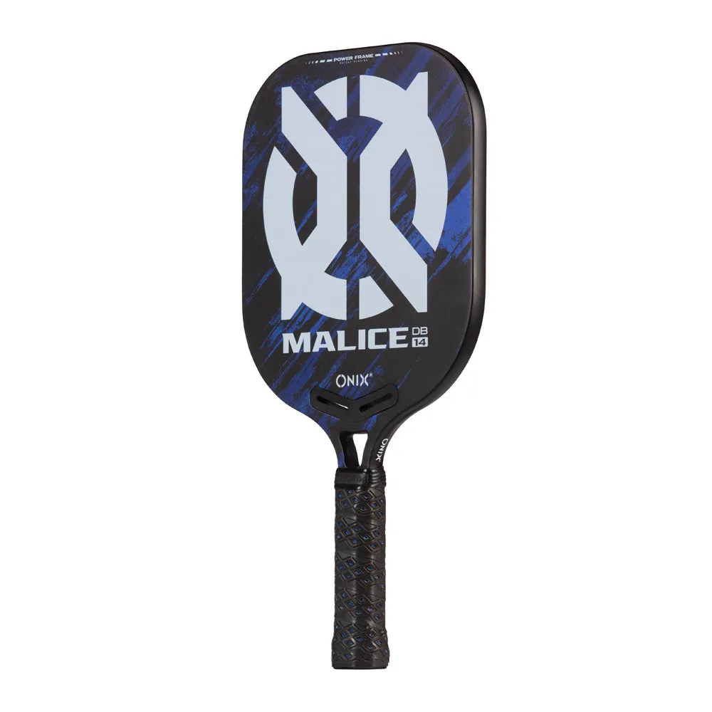 Angled view of the ONIX Evoke Malice Open Throat DB Composite Pickleball Paddle with DF Composite face, carbon fiber frame, and foam-injected handle.