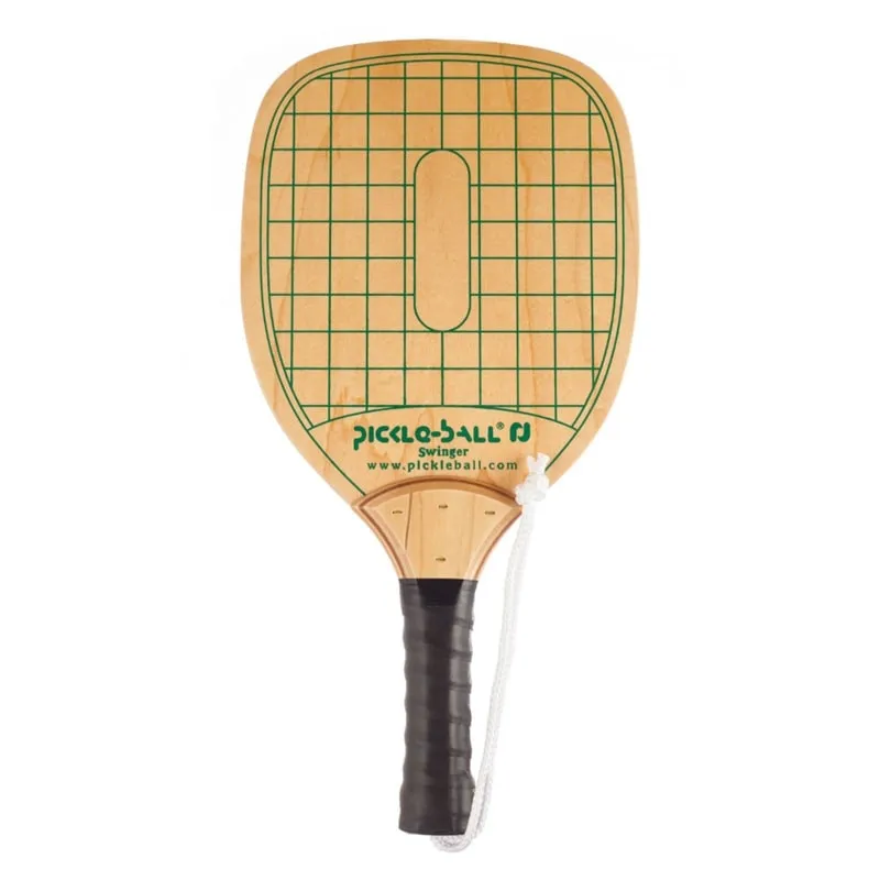 Swinger Pickleball Paddle-durable wood paddle with green checkerboard design, black handle wrap and wrist strap.