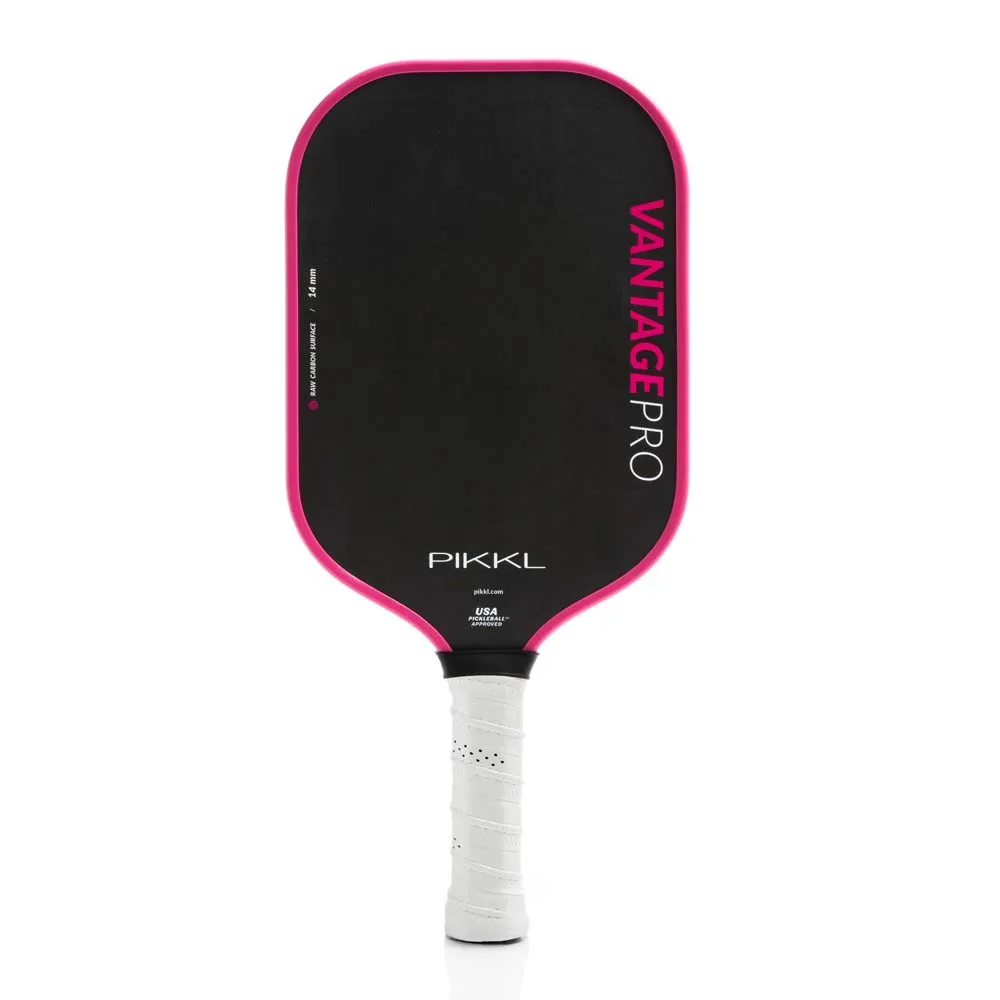 Front view of the PIKKL Vantage Pro 14mm Carbon Fiber Pickleball Paddle shown in Pink.