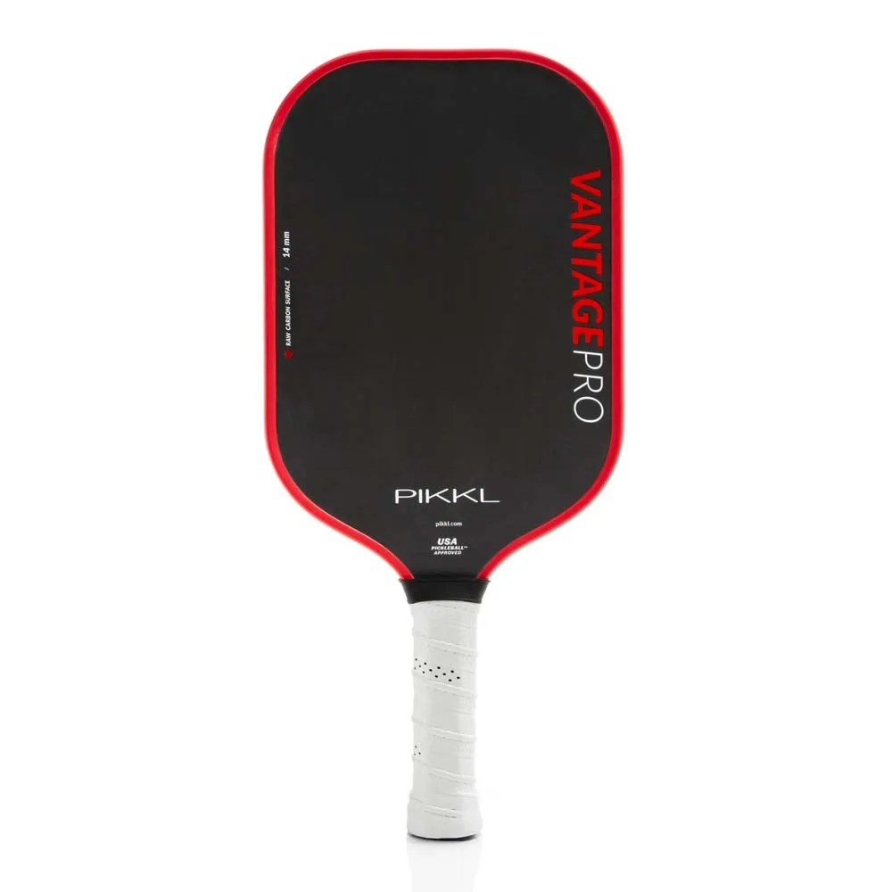Front view of the PIKKL Vantage Pro 14mm Carbon Fiber Pickleball Paddle shown in Red.