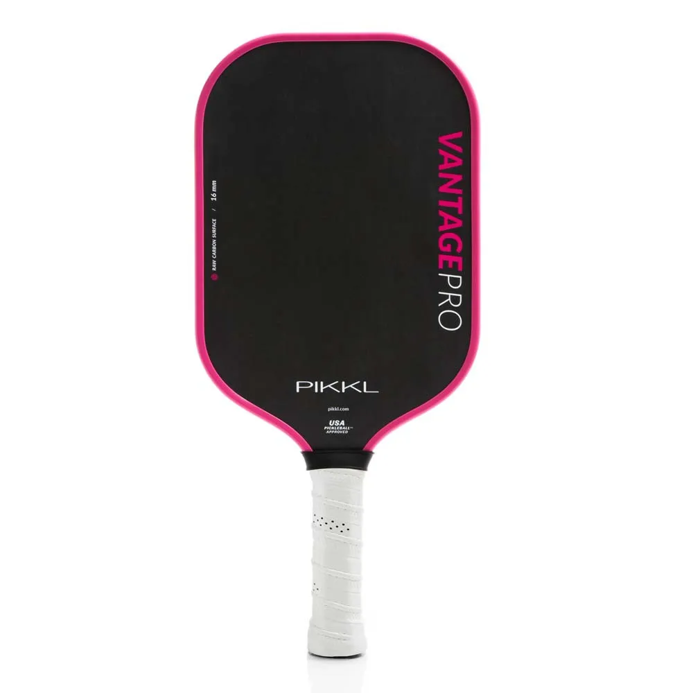 Front view of the PIKKL Vantage Pro 16mm Carbon Fiber Pickleball Paddle shown in Pink.