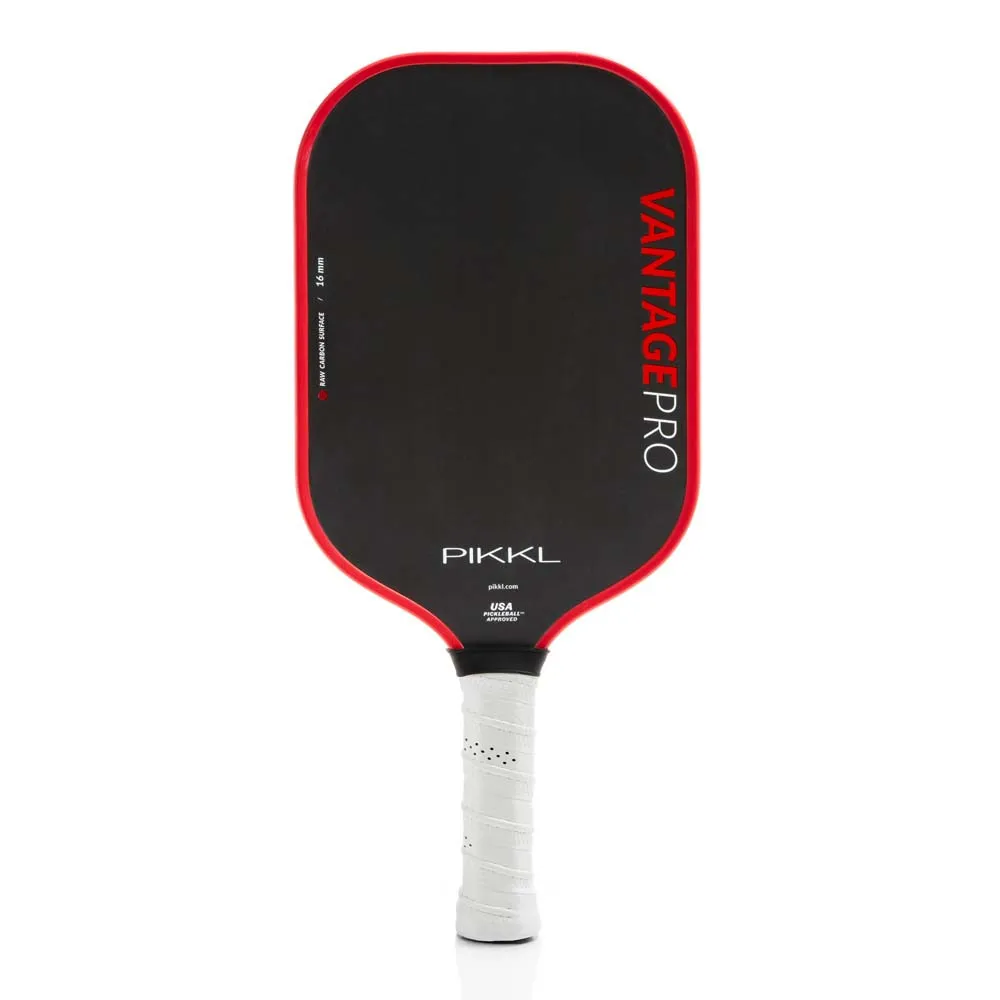 Front view of the PIKKL Vantage Pro 16mm Carbon Fiber Pickleball Paddle shown in Red.