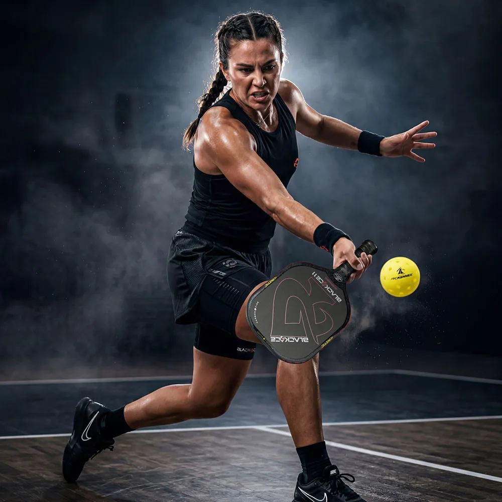 ProKennex Black Ace Avenger 11mm Pickleball Paddle, On Court with Pro Pickleball Player