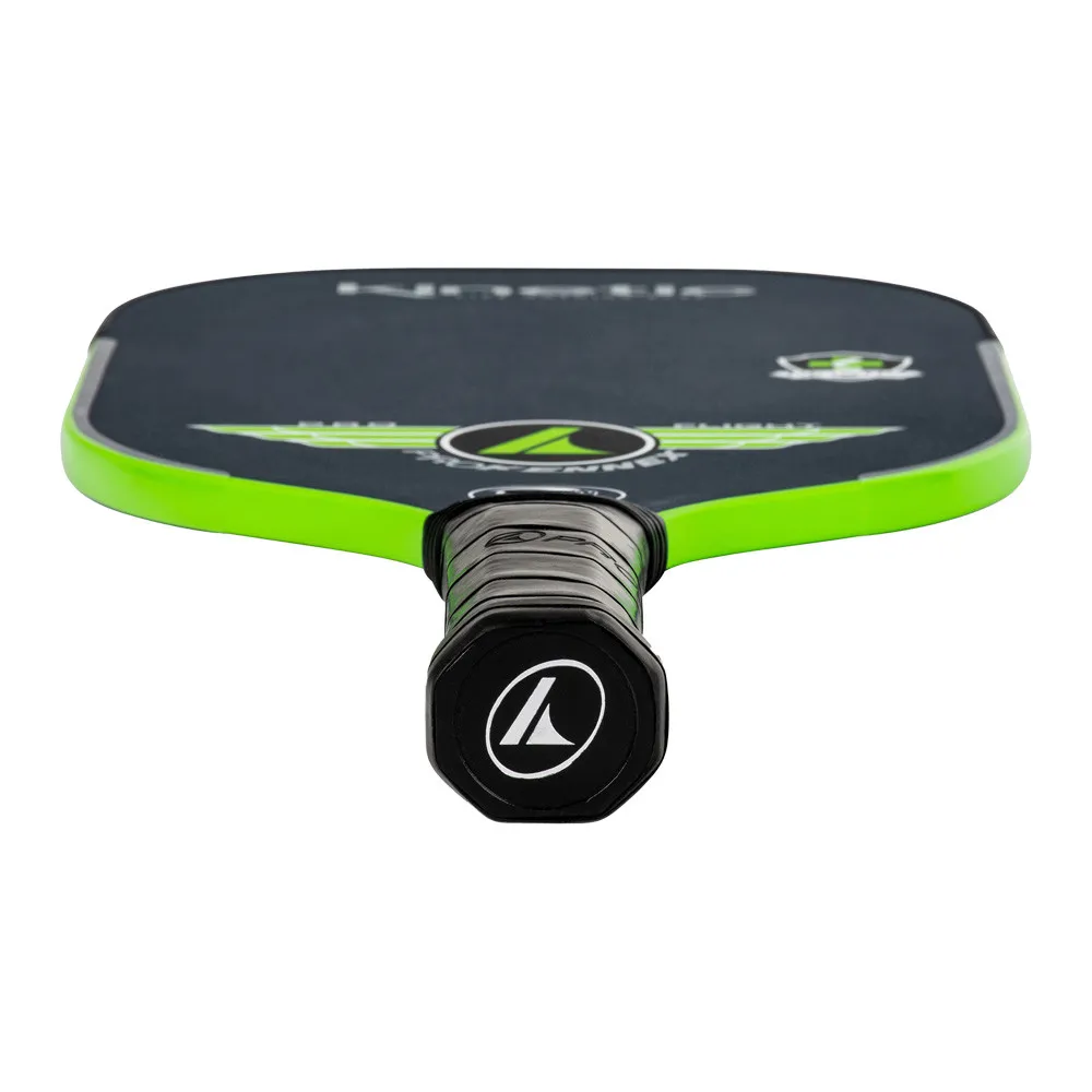 Bottom view of the ProKennex Kinetic Pro Flight Pickleball Paddle in color Navy Blue/Lime Green
