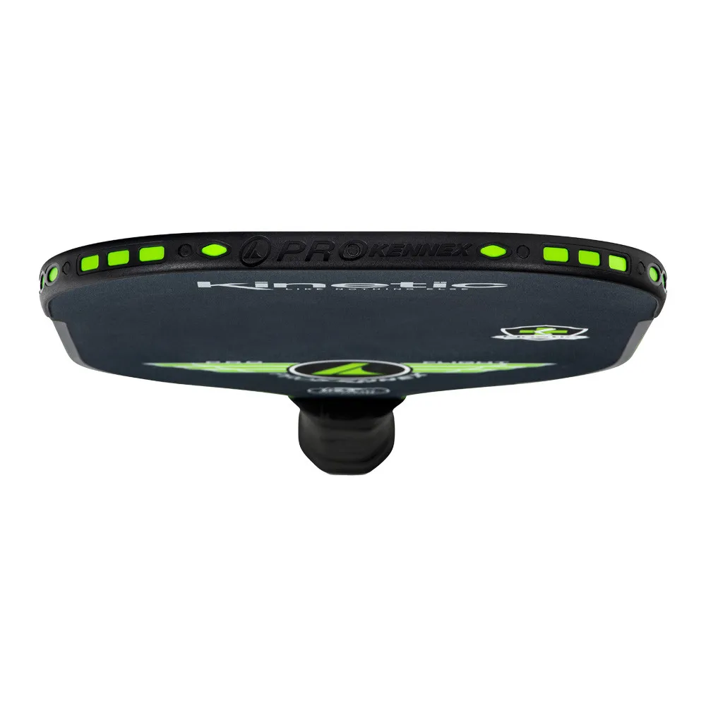 Top view of the Navy Blue/Lime Green ProKennex Kinetic Pro Flight Pickleball Paddle featuring a replaceable edge guard