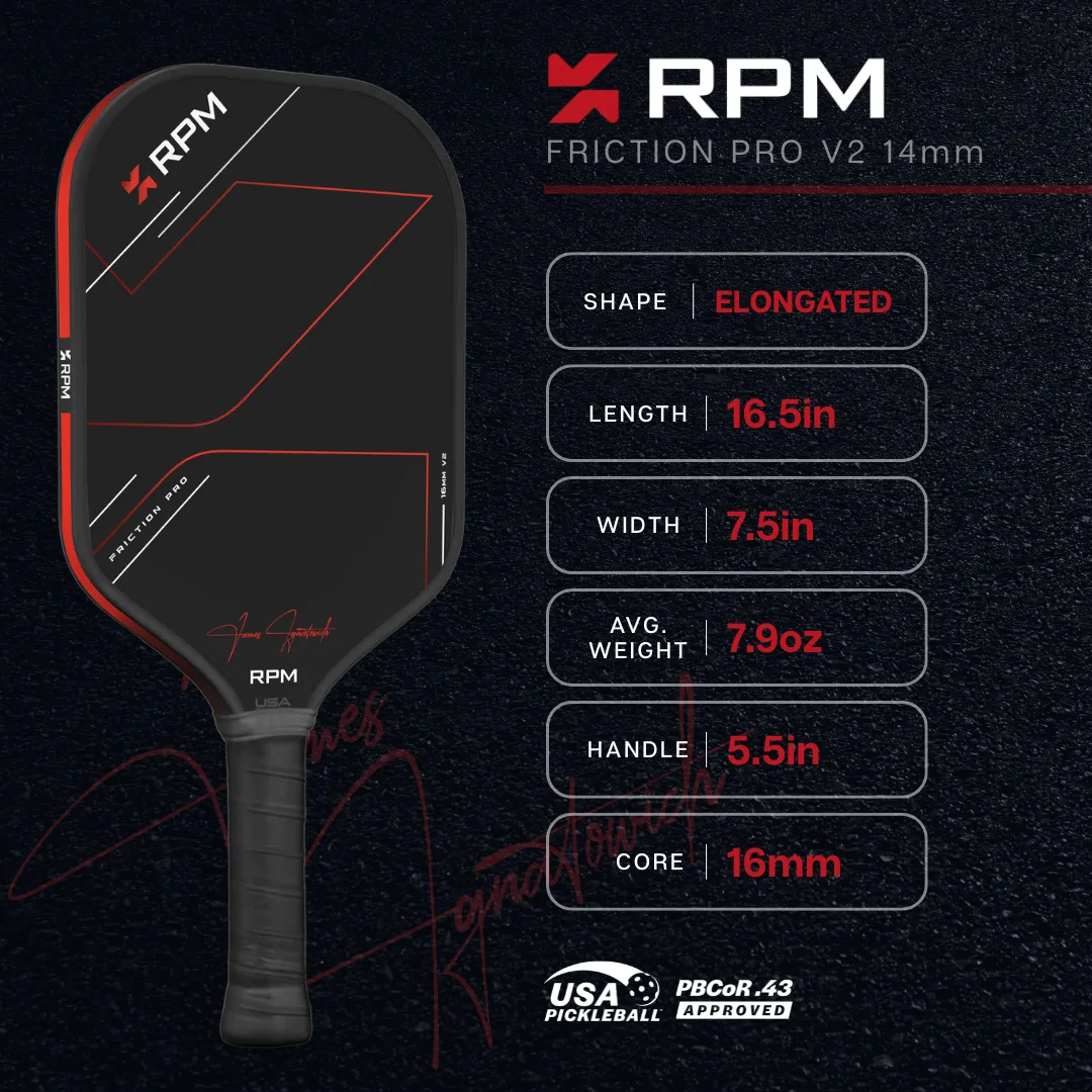 RPM Friction Pro V2 Elongated 16mm Pickleball Paddle Specs