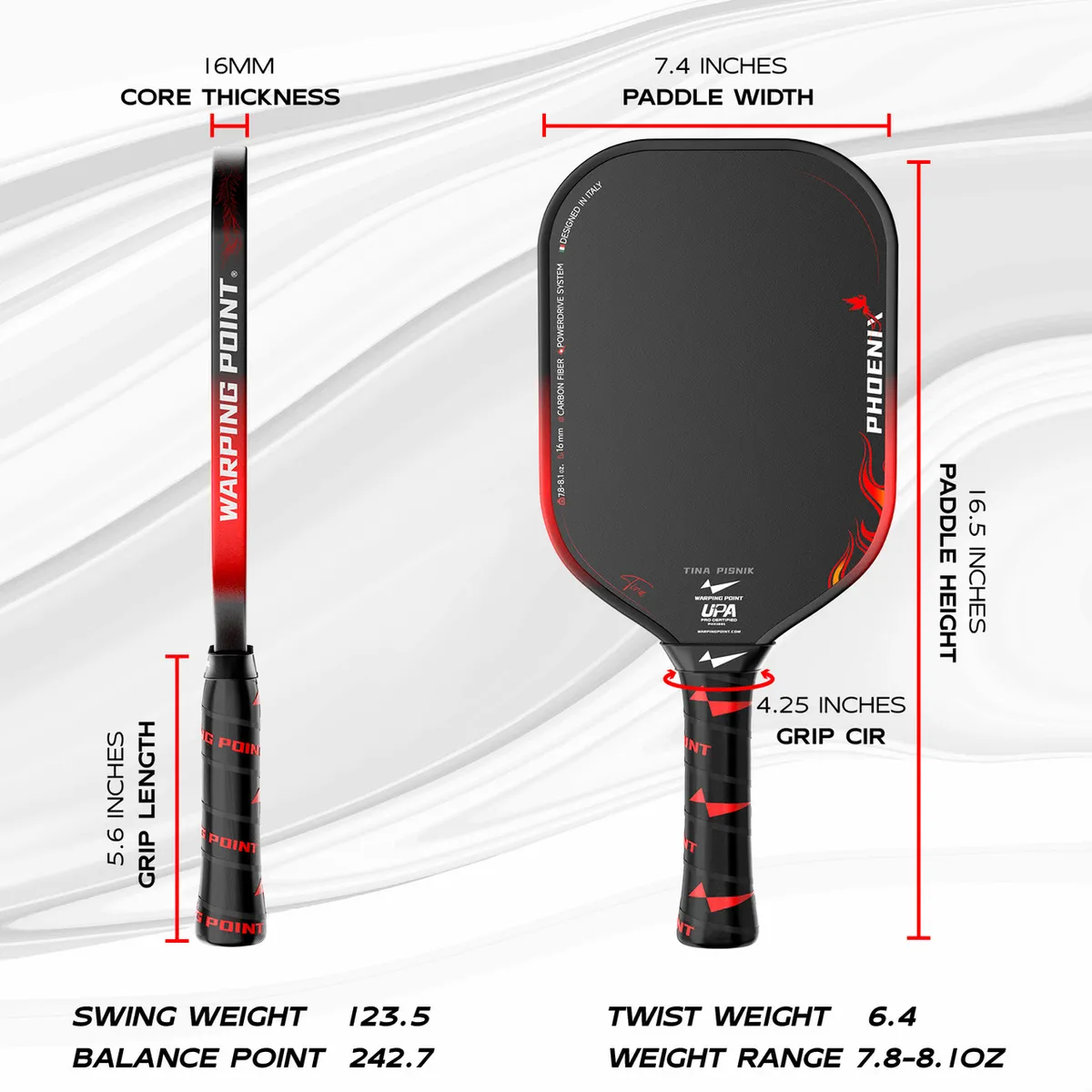 Warping Point Phoenix 16mm Pickleball Paddle - Specifications